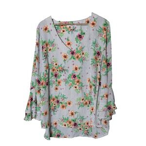 Harlow & Rose 3x Plus Bell Sleeve Top Bright Floral Striped tropical career